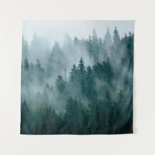 Misty landscape with fir forest in hipster vintage tapestry