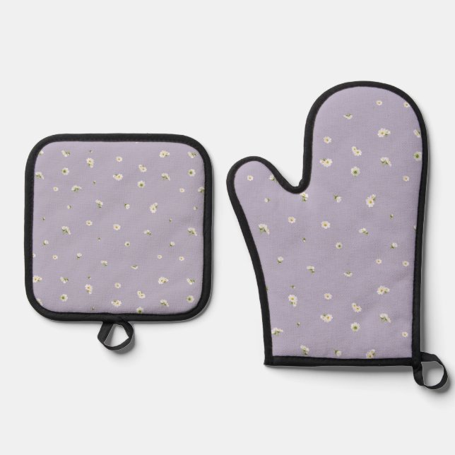 Misty Lavender White Cosmos Floral Pattern Oven Mitt & Pot Holder Set (Front)