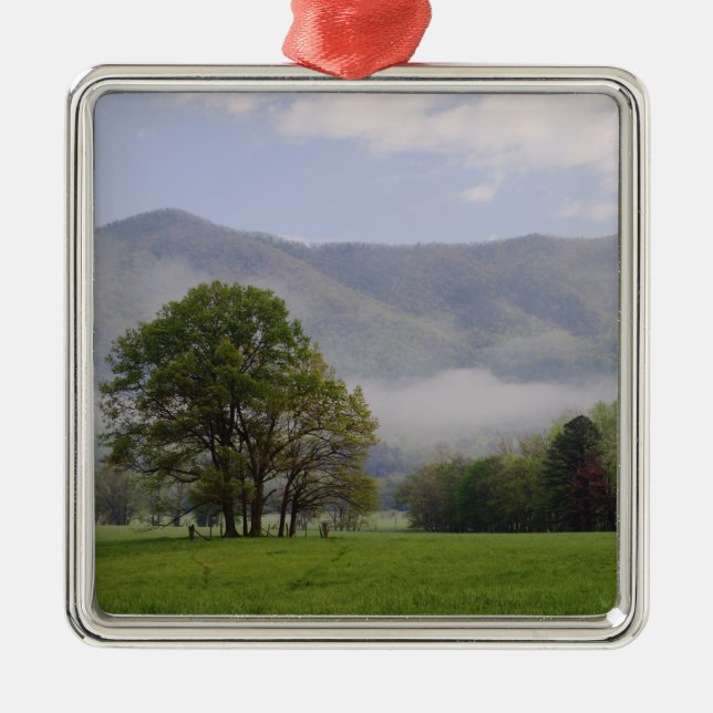 Misty meadow and Rich Mountain, Cades Cove, Metal Tree Decoration (Front)