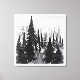 Misty Monochrome Pine Forest Watercolor Art Print