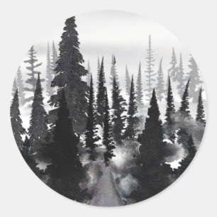 Misty Monochrome Pine Forest Watercolor Art Print Classic Round Sticker