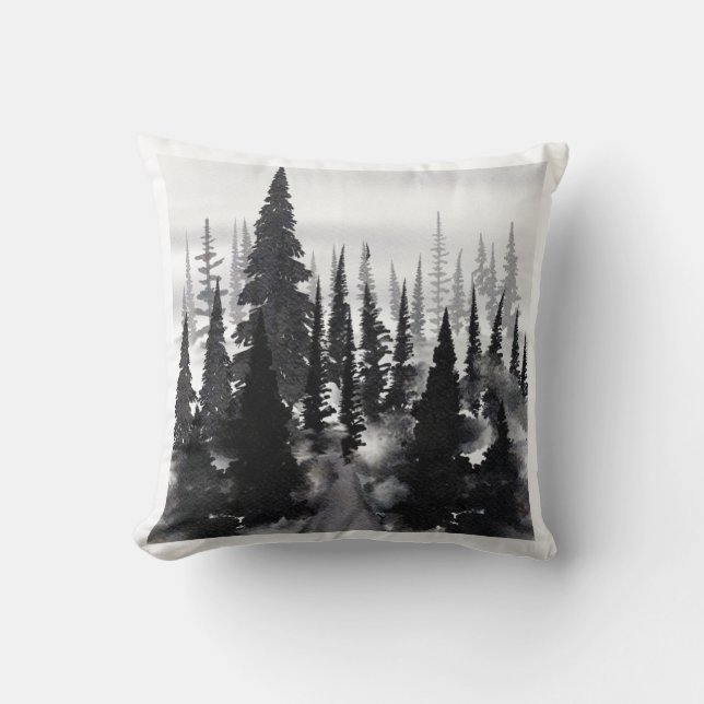 Misty Monochrome Pine Forest Watercolor Art Print Cushion (Front)