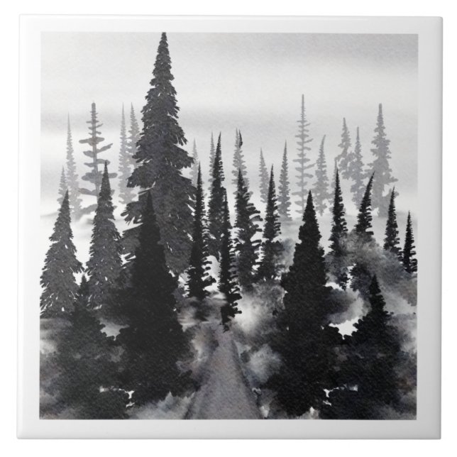 Misty Monochrome Pine Forest Watercolor Art Print Tile (Front)