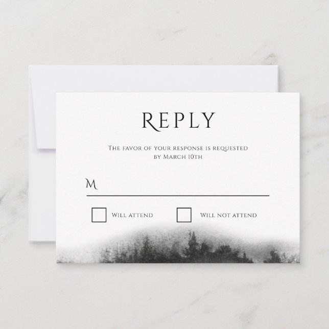Misty Mountain Black Watercolor Wedding RSVP Card (Front)