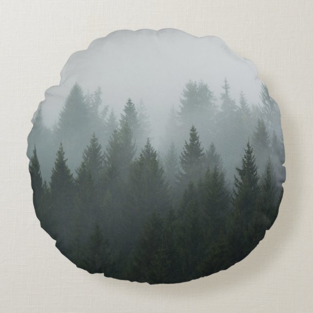 Misty Mountain Forest Autumn Fog Round Cushion (Front)