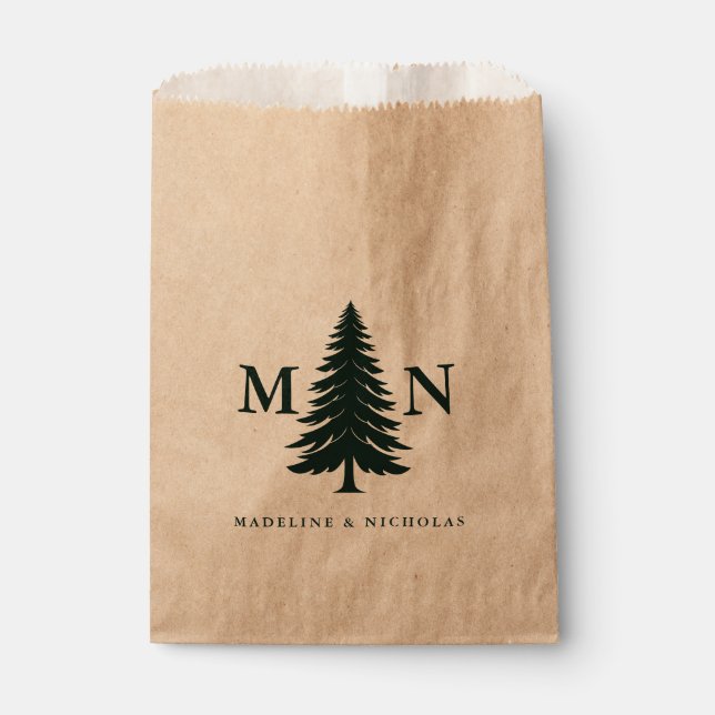 Misty Mountain Forest Green Pine Tree Wedding Favour Bags (Front)