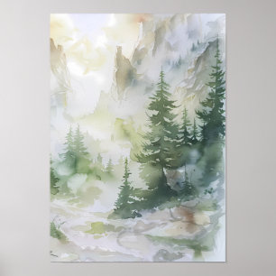 Misty Mountain Forest in Watercolor Poster