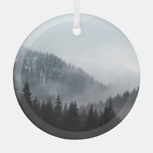Misty Mountain Forest: Scenic Landscape View Glass Tree Decoration (Front)