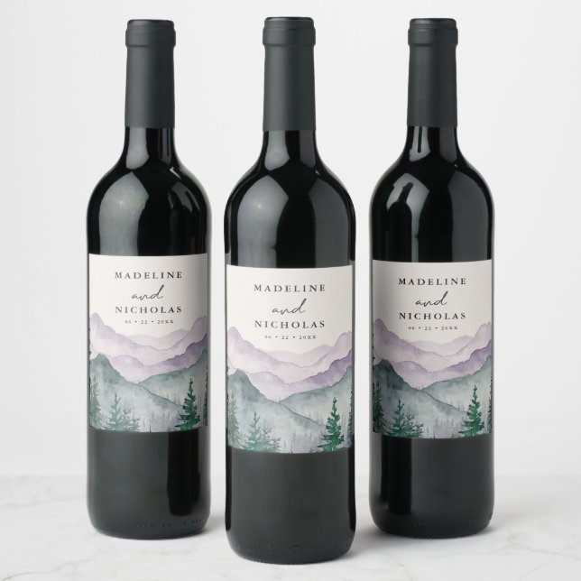 Misty Mountain Forest Watercolor Wedding Wine Label (Bottles)
