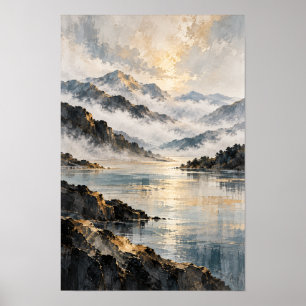 Misty Mountain Lake Watercolor Landscape Wall Art