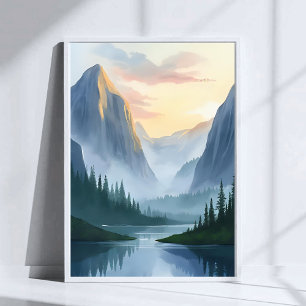 Misty Mountain Range Nature Watercolor Painting Poster