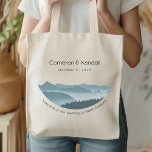 Misty Mountain Range Wedding Welcome Bags<br><div class="desc">Wedding welcome bags with mountain range design.  Misty blue mountains image in a half circle is printed on one side of cloth tote bags.  Include names of the bride and groom,  wedding date and welcome saying.  Black handle colour is one of many to choose from.</div>