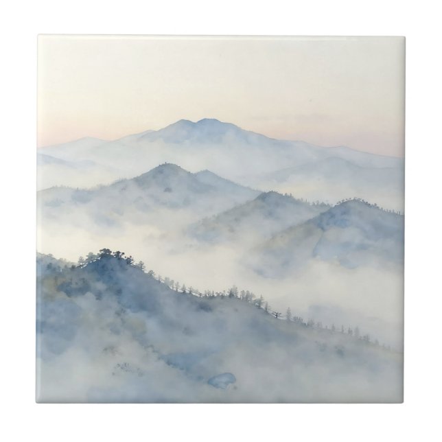 Misty Mountain Watercolor Landscape Tile (Front)