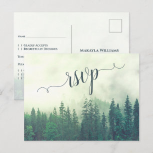 Misty Mountains Green Pine Forest Wedding RSVP Postcard
