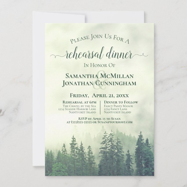 Misty Mountains Green Wedding Rehearsal & Dinner Invitation (Front)