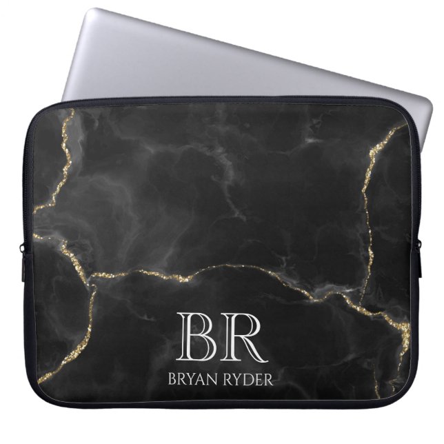Misty Night Gold Glitter Marble Customisable Laptop Sleeve (Front)