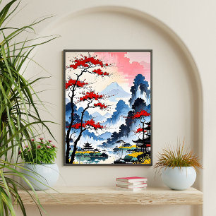 Misty Peaks - Japanese Ink Watercolor Art Poster