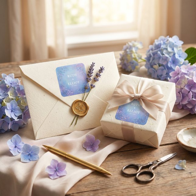 Misty Periwinkle Botanical Gold Border Wedding Square Sticker (Creator Uploaded)