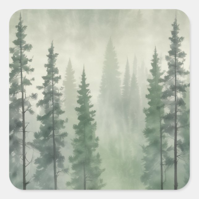 Misty Pine Forest Serenity Square Sticker (Front)