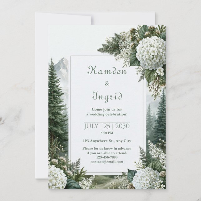 Misty Pine Hydrangea Wedding Invitation (Front)