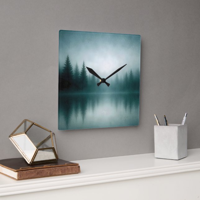Misty Pine Tree Reflection in Lake Water Square Wall Clock (Office)