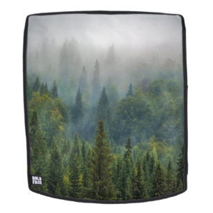 Misty pine trees forest landscape backpack