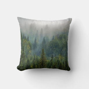 Misty pine trees forest landscape cushion
