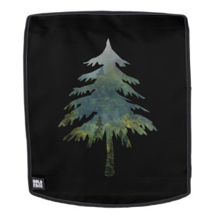 Misty pine trees Into the wild forest Backpack