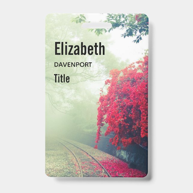 Misty Railroad Tracks Scenic Photo ID Badge (Front)