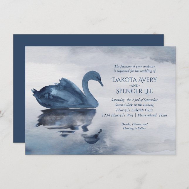 Misty Reflections | Dusty Blue Swan Lake Wedding Invitation (Front/Back)