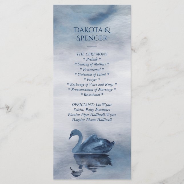 Misty Reflections | Dusty Blue Swan Lake Wedding Programme (Front)