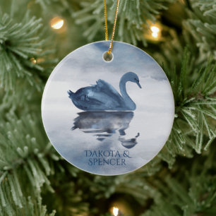 Misty Reflections   Dusty Blue Swan on Lake Name Ceramic Tree Decoration