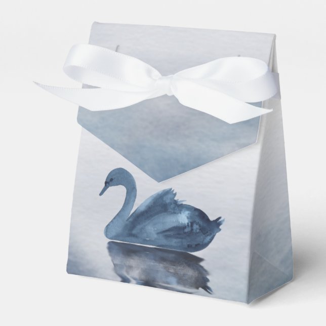 Misty Reflections | Moody Dusty Blue Swan on Lake Favour Box (Front Side)