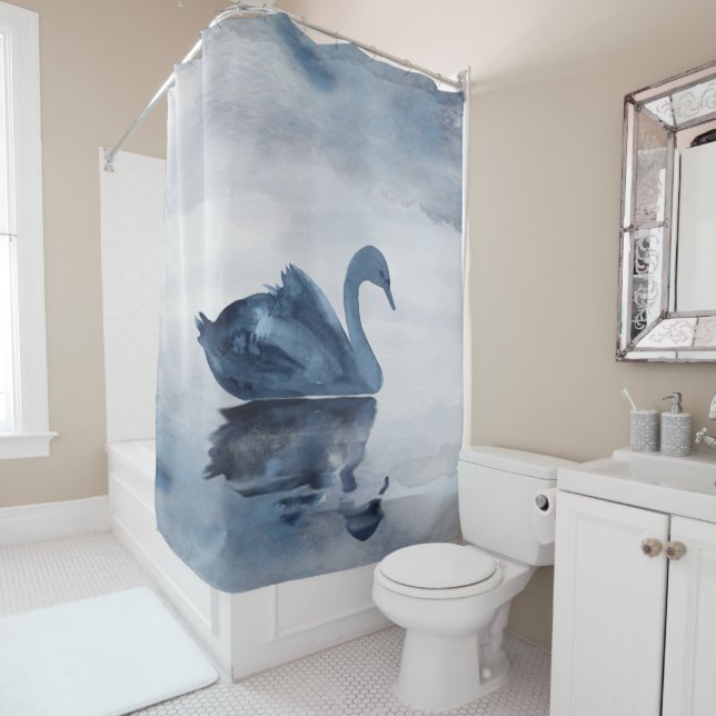 Misty Reflections | Moody Dusty Blue Swan on Lake Shower Curtain (In Situ)