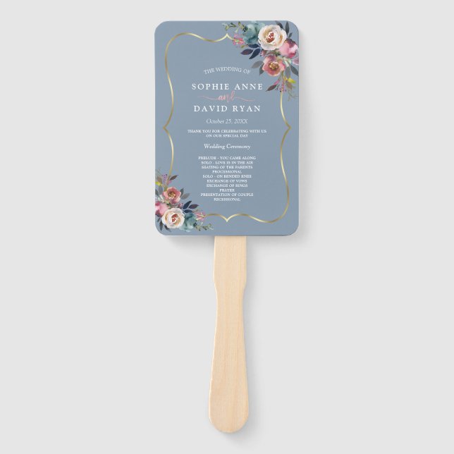 Misty Rose Dusty Blue Floral Gold Wedding Program Hand Fan (Front)