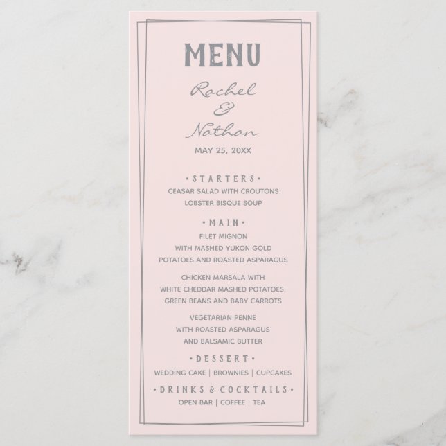 Misty Rose Pink Blush Dinner Menu Cards (Front)