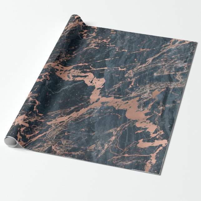 Misty Rustic Blue & Rose Gold Pink Glam Marble Wrapping Paper (Unrolled)