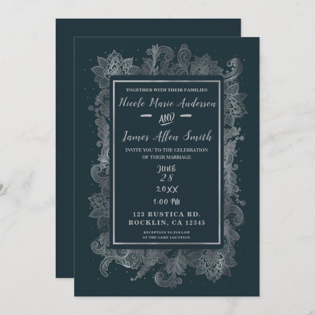 Misty Rustic Blue & Silver Elegant Floral Wedding Invitation (Front/Back)