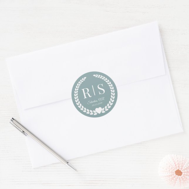 Misty Sage Blue Wedding Monogram Initials Classic Round Sticker (Envelope)