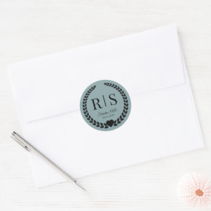 Misty Sage Blue Wedding Monogram Initials Classic Round Sticker