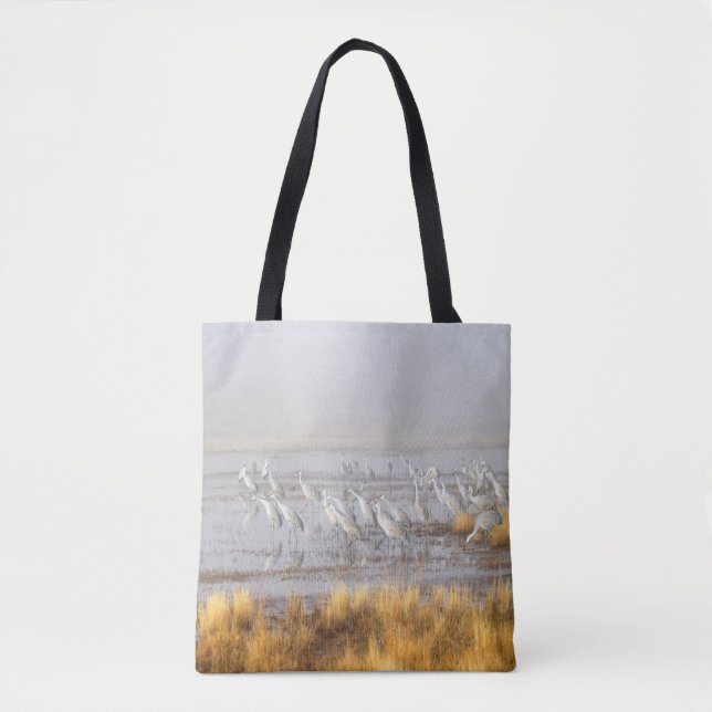 Misty Sandhill Cranes Tote Bag (Front)
