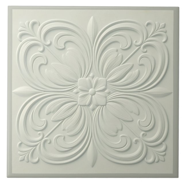 Misty Soft Green Faux Relief Floral Tile (Front)