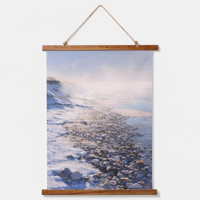 Misty Sunrise Beach with Pebble Path Art Hanging Tapestry (Front)