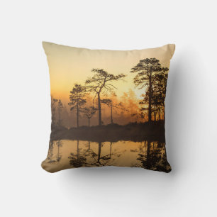 Misty Sunrise in the Forest – Trees Reflected Cushion