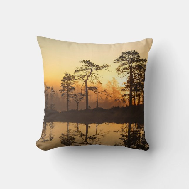 Misty Sunrise in the Forest – Trees Reflected  Cushion (Front)