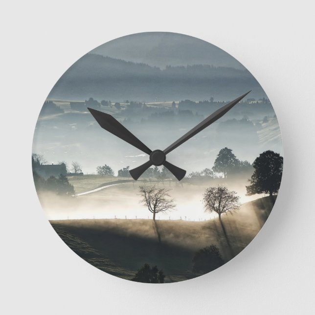 Misty Switzerland Countryside Landscape Round Clock (Front)