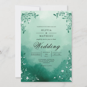 Misty Teal Foliage Arch Wedding Invitation