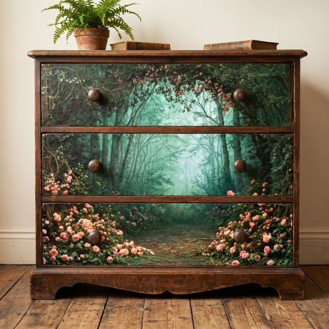 Misty Teal Forest Pink Rose Stone Path Decoupage Tissue Paper (Creator Uploaded)