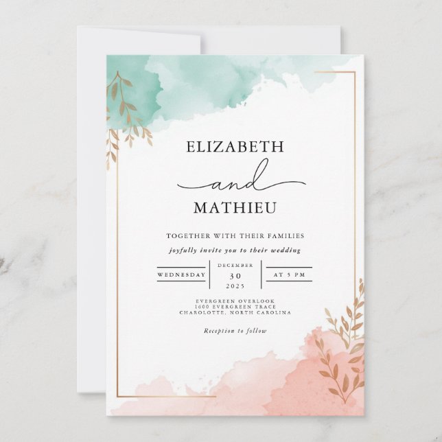 Misty Teal Peach Watercolor Wedding Invitation (Front)