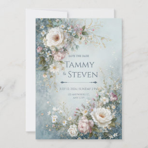 Misty Teal Watercolor Ivory Rose Wedding Invitation